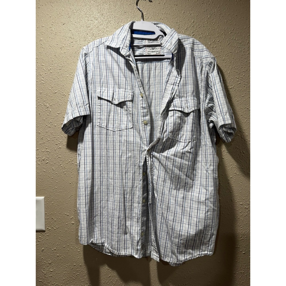 Wrangler Jeans Co Mens Large Short Sleeve Plaid Button Down Shirt Blue White